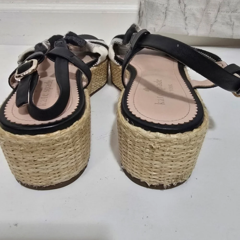 Kate Spade Black White Brown Plaid Bow Front Espadrille wedge sandals
